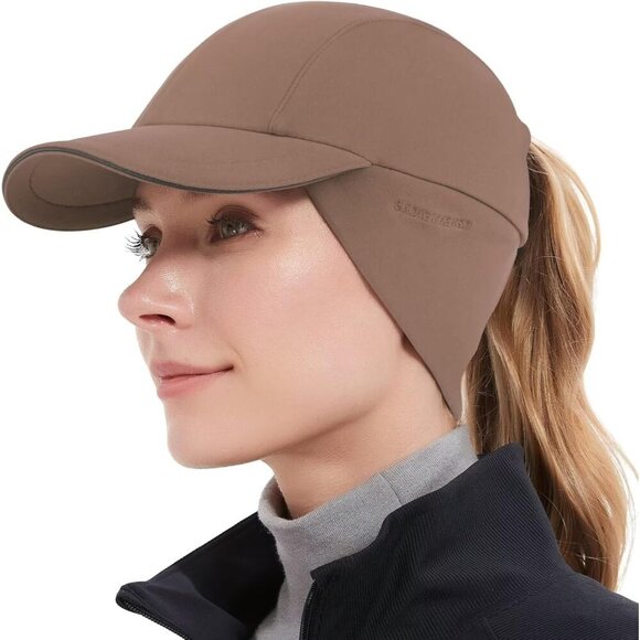 〽️Women\'s Brown Winter Reflective Fleece Ponytail Hat with Ear Warmers